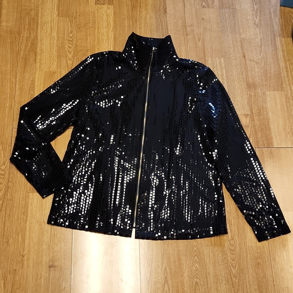 Exclusively Misook black disco ball zip up jacket sz medium